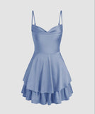 Joskaa Unique A line Straps Blue Silk Satin Homecoming Dress st Birthday Outfits (PRE-ORDER)