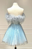 Joskaa Strapless Blue Feather A-Line Short Homecoming Dress Birthday Outfit (PRE-ORDER)