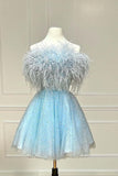 Joskaa Strapless Blue Feather A-Line Short Homecoming Dress Birthday Outfit (PRE-ORDER)