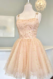 Joskaa Straps Pink A-Line Tulle Homecoming Dress With Gold Stars (PRE-ORDER)