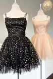 Joskaa Straps Pink A-Line Tulle Homecoming Dress With Gold Stars (PRE-ORDER)