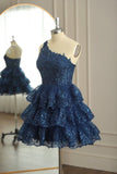 Joskaa Dark Navy One Shoulder Appliques Multi-Layers Tulle Homecoming Dress (PRE-ORDER)