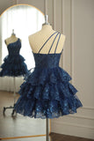 Joskaa Dark Navy One Shoulder Appliques Multi-Layers Tulle Homecoming Dress (PRE-ORDER)