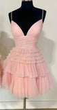 Joskaa Straps V-neck Sparkly Tulle Homecoming Dress With Tiered Ruffle Skirt and Ruched Bodice Birthday Outfits (PRE-ORDER)