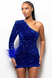 Joskaa Sparkly One Shoulder Bodycon Velvet Feather Sequin Party Mini Dress Homecoming Dresses (PRE-ORDER)