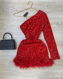 Joskaa Sparkly One Shoulder Bodycon Velvet Feather Sequin Party Dress Red Homecoming Dresses (PRE-ORDER)