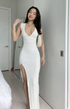 Joskaa Gorgeous Sheath V Neckline White Long Prom Dresses Evening Dress (PRE-ORDER)