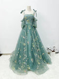 Joskaa Lace Prom Dresses Spaghetti Strap Short Puff Sleeves Long Prom Dress (PRE-ORDER)