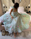 Joskaa Halter Neck Flowers Embroidered Chiffon Prom Dress Green Party Dresses (PRE-ORDER)