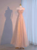 Joskaa Elegant A Line Spaghetti Straps Pink Sequin Long Prom Dress Evening Dresses C(PRE-ORDER)