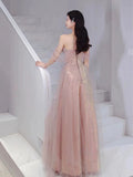 Joskaa Elegant A Line Spaghetti Straps Pink Sequin Long Prom Dress Evening Dresses C(PRE-ORDER)