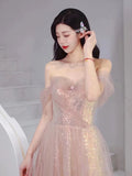 Joskaa Elegant A Line Spaghetti Straps Pink Sequin Long Prom Dress Evening Dresses C(PRE-ORDER)