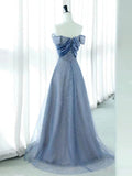 Joskaa Elegant A Line Off The Shoulder Blue Sequin Long Prom Dress Evening Dresses (PRE-ORDER)