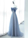 Joskaa Elegant A Line Off The Shoulder Blue Sequin Long Prom Dress Evening Dresses (PRE-ORDER)