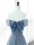 Joskaa Elegant A Line Off The Shoulder Blue Sequin Long Prom Dress Evening Dresses (PRE-ORDER)