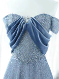 Joskaa Elegant A Line Off The Shoulder Blue Sequin Long Prom Dress Evening Dresses (PRE-ORDER)