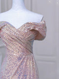 Joskaa Elegant Mermaid Off The Shoulder Pink Sequin Long Prom Dress Evening Dresses (PRE-ORDER)