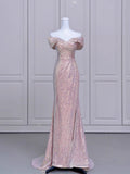 Joskaa Elegant Mermaid Off The Shoulder Pink Sequin Long Prom Dress Evening Dresses (PRE-ORDER)