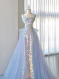 Joskaa Elegant Mermaid Square Neckline Blue Sequin Long Prom Dress Evening Dresses (PRE-ORDER)