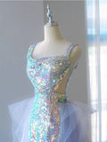 Joskaa Elegant Mermaid Square Neckline Blue Sequin Long Prom Dress Evening Dresses (PRE-ORDER)