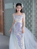 Joskaa Elegant Mermaid Square Neckline Blue Sequin Long Prom Dress Evening Dresses (PRE-ORDER)