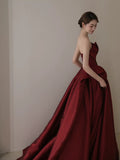 Joskaa Elegant Ball Gown Strapless Burgundy Satin Long Prom Dress Evening Dresses (PRE-ORDER)