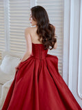 Joskaa Elegant Ball Gown Strapless Burgundy Satin Long Prom Dress Evening Dresses (PRE-ORDER)