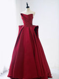 Joskaa Elegant Ball Gown Strapless Burgundy Satin Long Prom Dress Evening Dresses (PRE-ORDER)