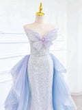 Joskaa Elegant Mermaid Strapless Neckline Blue Sequin Long Prom Dress Evening Dresses (PRE-ORDER)