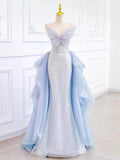 Joskaa Elegant Mermaid Strapless Neckline Blue Sequin Long Prom Dress Evening Dresses (PRE-ORDER)