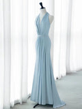 Joskaa Elegant Mermaid V Neckline Blue Backless Pearls Long Prom Dress Evening Dresses (PRE-ORDER)