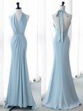 Joskaa Elegant Mermaid V Neckline Blue Backless Pearls Long Prom Dress Evening Dresses (PRE-ORDER)