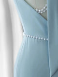 Joskaa Elegant Mermaid V Neckline Blue Backless Pearls Long Prom Dress Evening Dresses (PRE-ORDER)