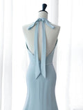 Joskaa Elegant Mermaid V Neckline Blue Backless Pearls Long Prom Dress Evening Dresses (PRE-ORDER)