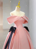 Joskaa Elegant Ball Gown Off The Shoulder Pink Satin Long Prom Dress Evening Dresses (PRE-ORDER)