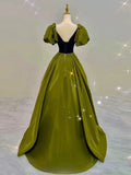 Joskaa Elegant Ball Gown V Neckline Olive Green Satin Long Prom Dress Evening Dresses (PRE-ORDER)