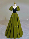 Joskaa Elegant Ball Gown V Neckline Olive Green Satin Long Prom Dress Evening Dresses (PRE-ORDER)