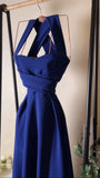 Joskaa Elegant A Line Halter Royal Blue Satin Prom Dress Evening Dresses With Ruffles (PRE-ORDER)