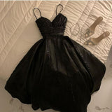 Joskaa Elegant A Line Spaghetti Straps Black Satin Long Prom Dress Evening Dresses (PRE-ORDER)