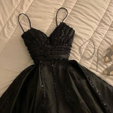 Joskaa Elegant A Line Spaghetti Straps Black Satin Long Prom Dress Evening Dresses (PRE-ORDER)