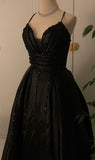 Joskaa Elegant A Line Spaghetti Straps Black Satin Long Prom Dress Evening Dresses (PRE-ORDER)