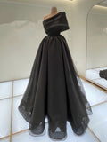 Joskaa Elegant A line One Shoulder Black Long Prom Dress Evening Dresses With Ruffles (PRE-ORDER)