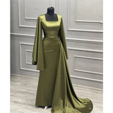 Joskaa Elegant Sheath Square Neckline Olive Green Satin Long Prom Dress Evening Dresses With Ruffles (PRE-ORDER)