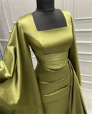 Joskaa Elegant Sheath Square Neckline Olive Green Satin Long Prom Dress Evening Dresses With Ruffles (PRE-ORDER)