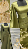 Joskaa Elegant Sheath Square Neckline Olive Green Satin Long Prom Dress Evening Dresses With Ruffles (PRE-ORDER)