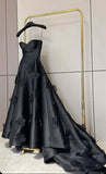 Joskaa Pretty A line Sweetheart Black Satin Prom Dress Evening Dresses With Flowers (PRE-ORDER)