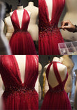 Joskaa Elegant A Line V Neckline Red Tulle Long Prom Dress Evening Dresses With Beads (PRE-ORDER)