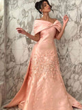 Joskaa Pretty Mermaid Off The Shoulder Pink Satin Long Prom Dress Evening Dresses With Appliques (PRE-ORDER)