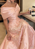 Joskaa Pretty Mermaid Off The Shoulder Pink Satin Long Prom Dress Evening Dresses With Appliques (PRE-ORDER)