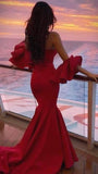 Joskaa Elegant Mermaid Strapless Red Satin Long Prom Dress Evening Dresses With Sleeves (PRE-ORDER)